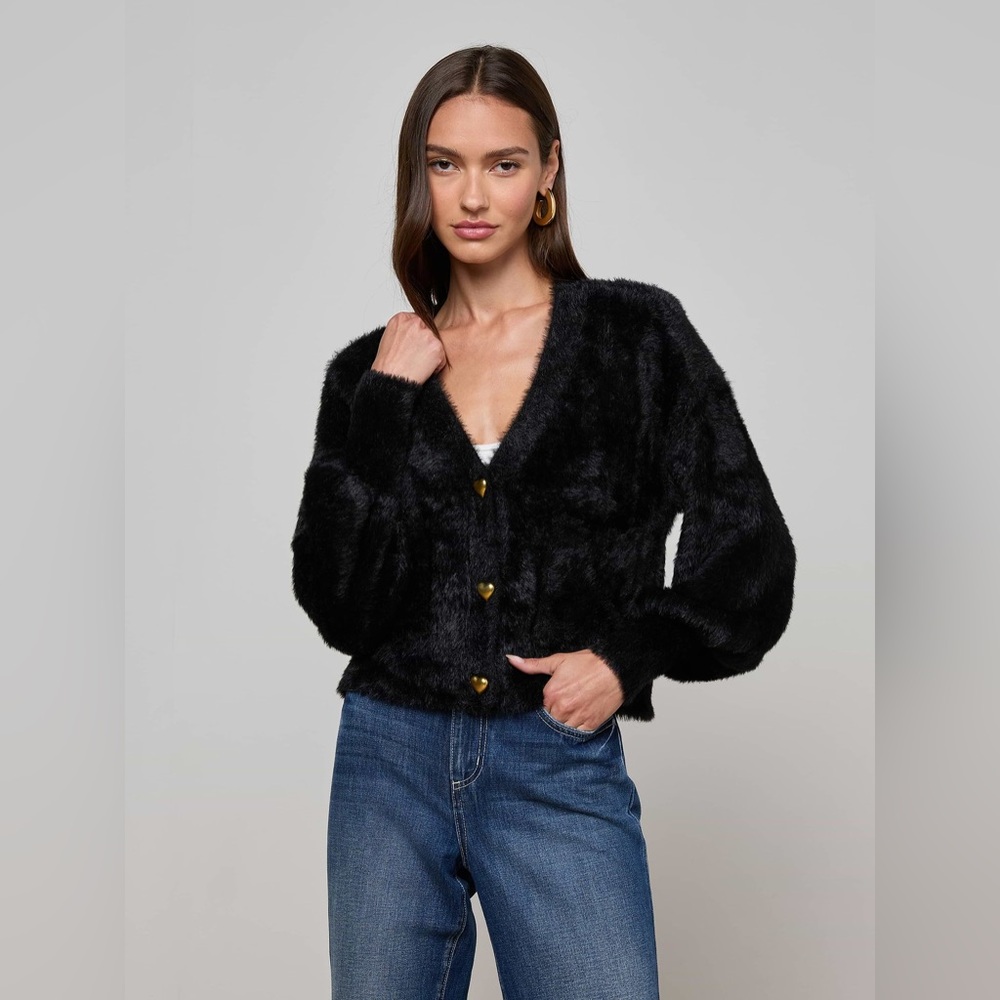 L'AGENCE Black Faux-Fur Heart-Button V-Neck Jacket